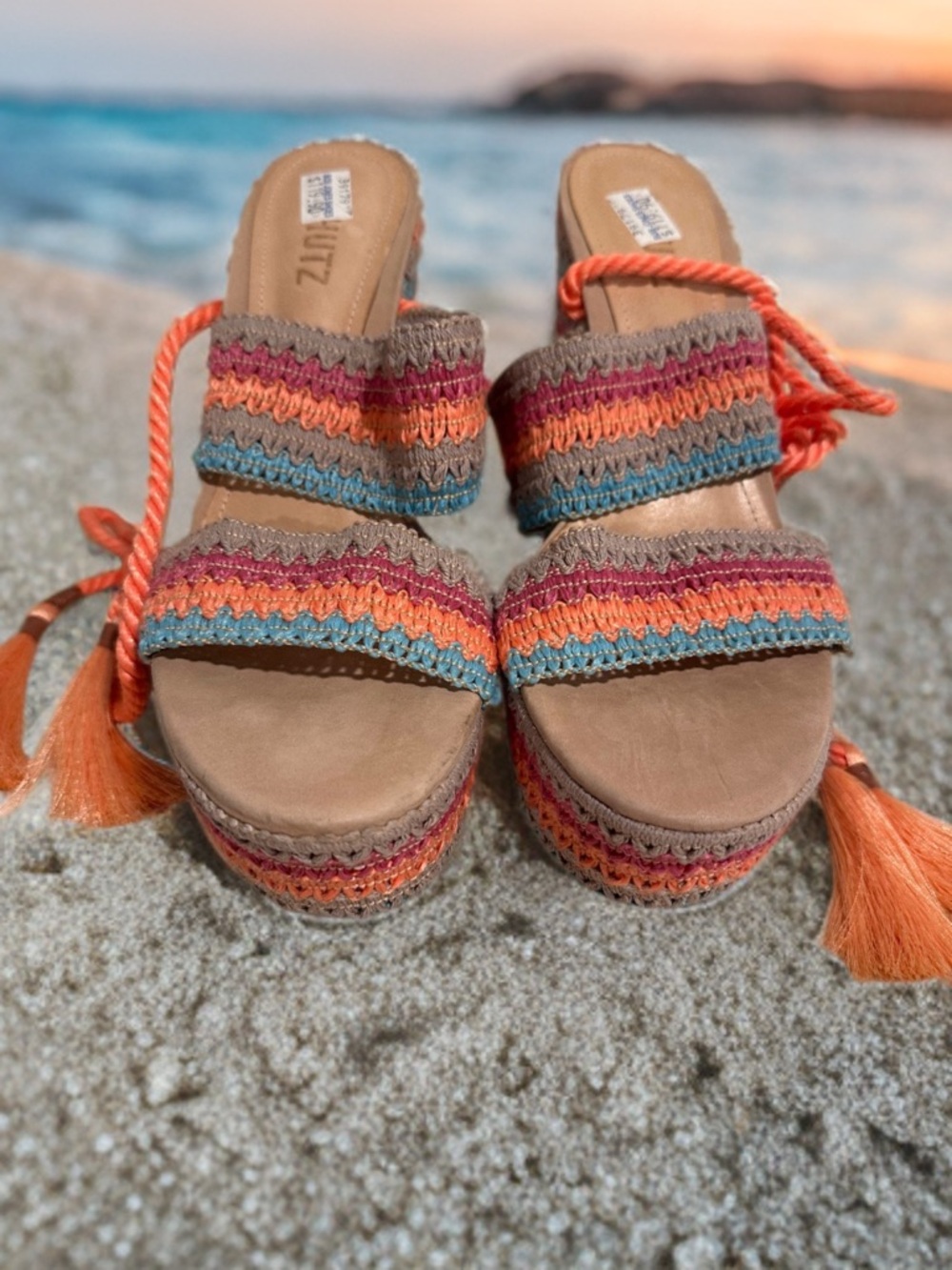 SCHUTZ Woven Platform Sandals with Orange Tassels Bendy Espadrille Wedge 8.5 NEW